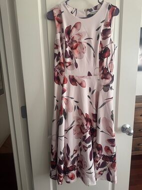 Calvin Klein Blush Floral Midi Dress with Burgundy Accents NWOT